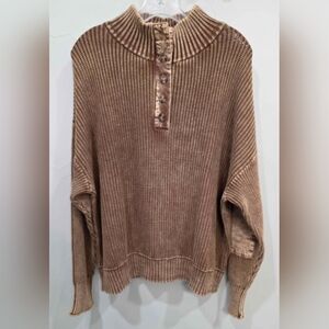 Easel Mineral Washed Brown Knit Elbow Patch Sweater